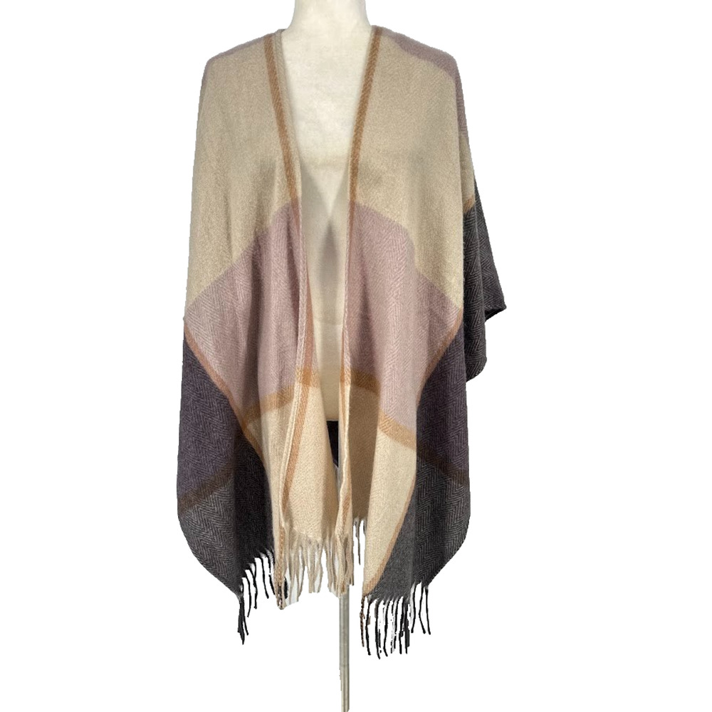 Woolrich Sweater Poncho Women's One Size Plaid Shawl Open Fringe Cardigan Top